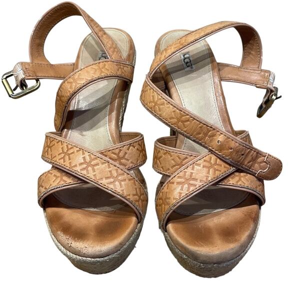 UGG Jackilyn Brown Leather Espadrille Wedge Women's Size 7 Good Condition - Picture 1 of 10